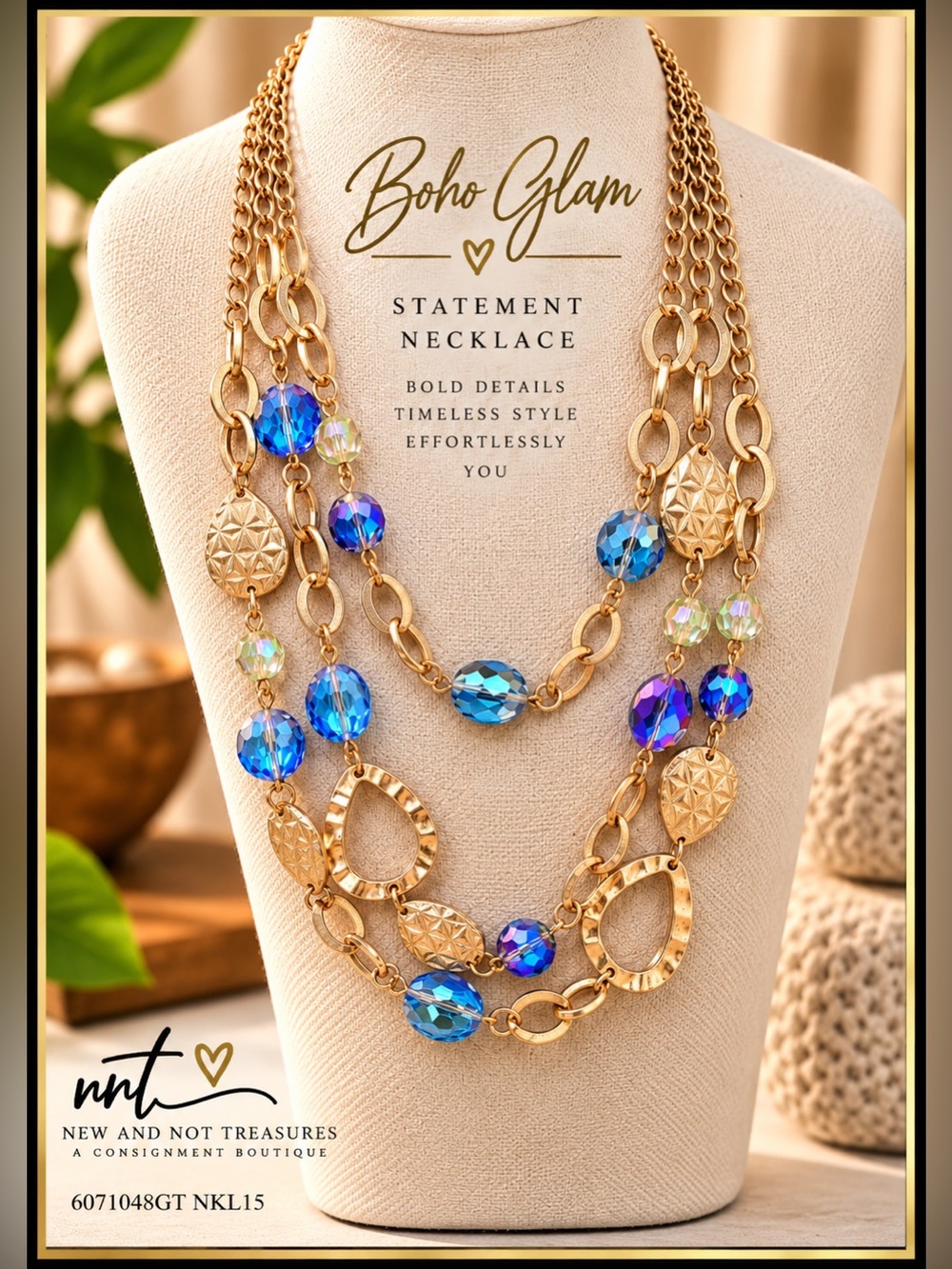 Gold Tone Multistrand Statement Necklace Blue Iridescent Beads Boho Glam